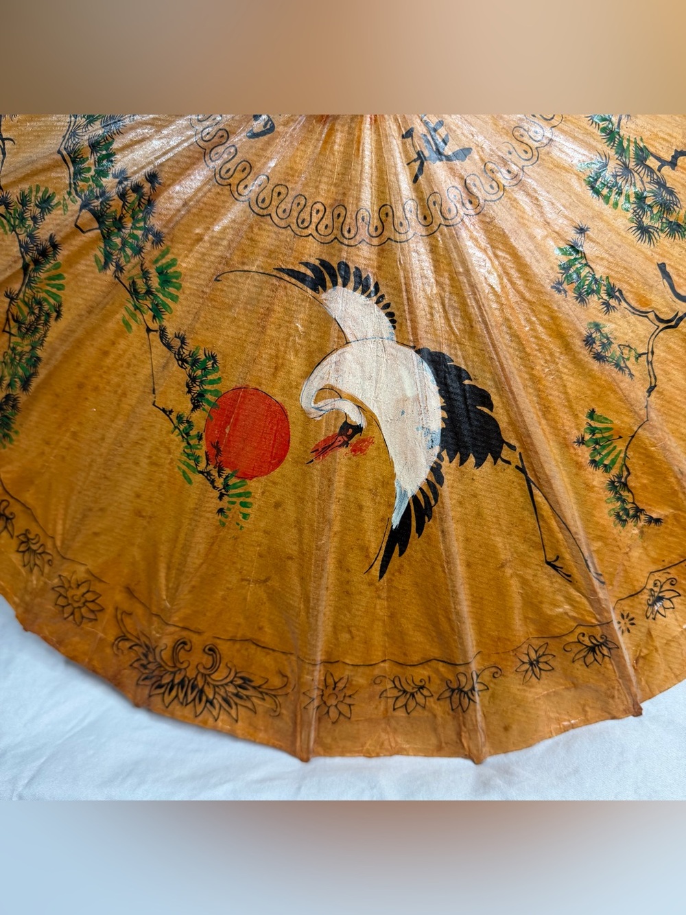 Vintage Hand Painted Rice Paper and Bamboo Asian Parasol Cranes and Trees 21” - Picture 3 of 11